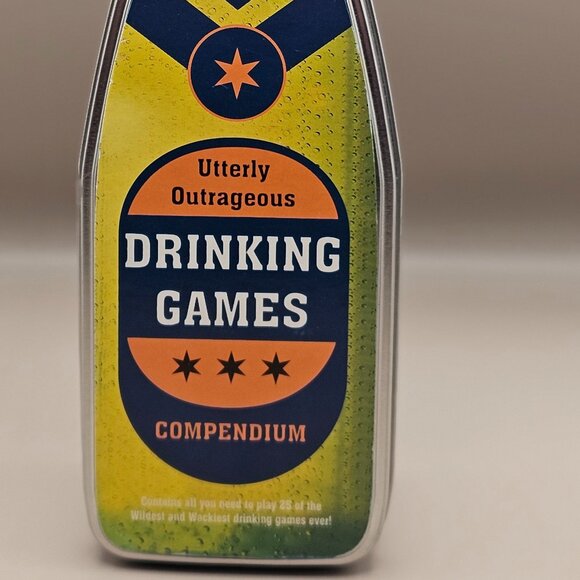 Utterly Outrageous Drinking Games bottle shaped tin box with 25 games dated 2007 - Picture 1 of 14